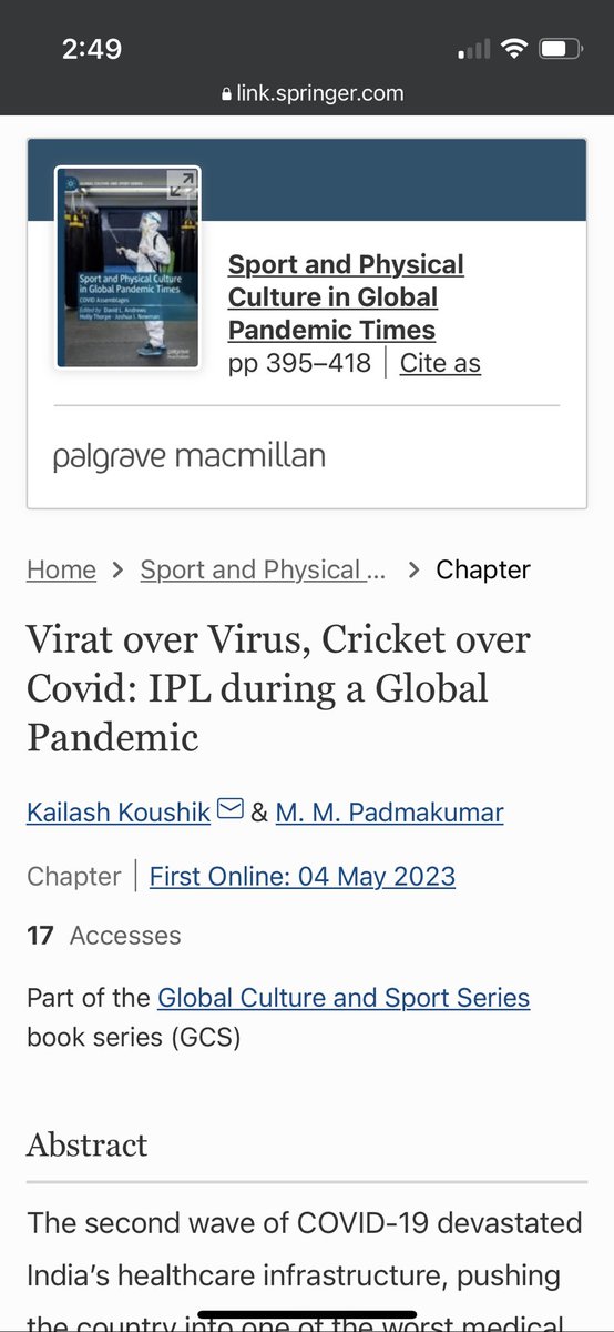 Publication Alert!

Virat Over Virus, Cricket Over Covid: IPL during a Global Pandemic 

📖 chapter in Sport &amp; Physical Culture in Global Pandemic Times
Link: link.springer.com/chapter/10.100… 
<a href="/BCCI/">BCCI</a> <a href="/imVkohli/">Virat Kohli</a> check it out!!
