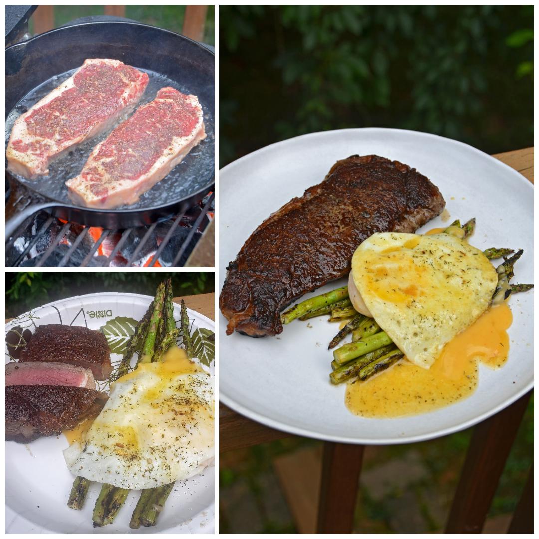 Made steak and eggs on my PK Grill this morning. Strip steaks cooked in bacon fat, asparagus, over-easy egg, and Hollandaise sauce. I hope your weekend rocks.