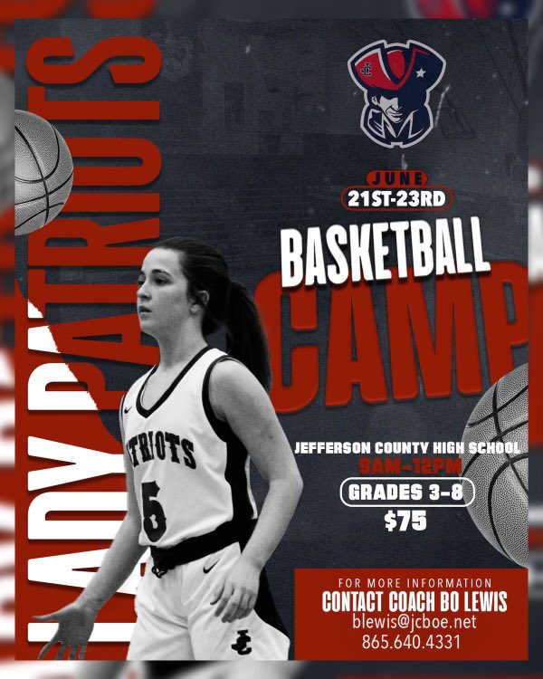 jcladypatriots's tweet photo. ❤️🤍💙 Come join the Lady Patriots June 21-23 for camp! Current &amp; former Lady Patriots along with college players &amp; our coaching staff leading our fundamental camp❤️🤍💙 Shirt &amp; Ball included with registration! Contact Coach Lewis for more info. @JCHSCoachLewis https://t.co/zc9xdnpDhS
