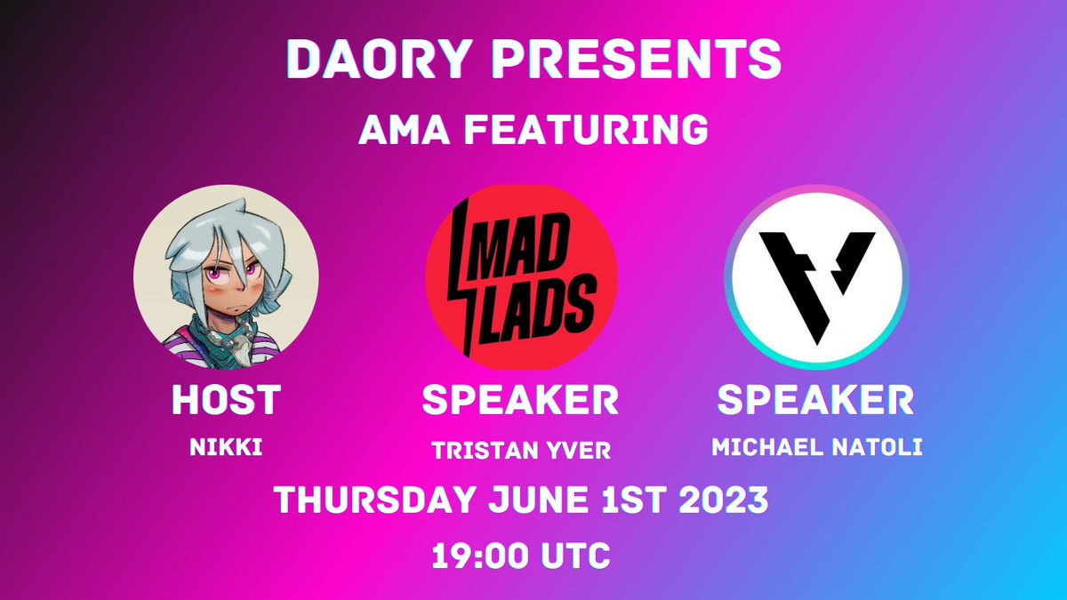 DaoryAurory's tweet photo. Are you ready to get MAD? ⚡️

Join us on Thursday when we host an electric AMA with the @MadLadsNFT &amp; @AuroryProject.

Check the details below to find out more ⬇️
https://t.co/gyt2owuHqM https://t.co/M9Ky9fs3hY