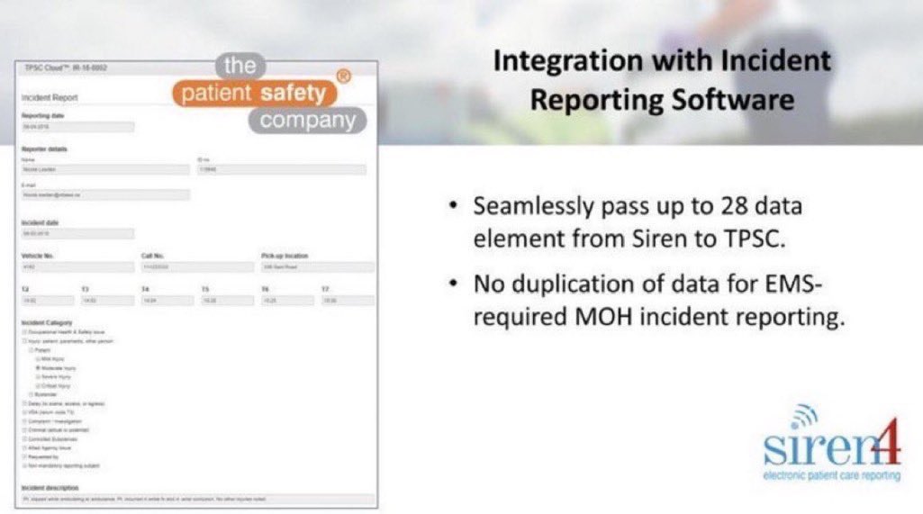 DYK? #SirenePCR interfaces seamlessly to 
@TPSCompany Incident Reporting system. #ptsafety #EMS #ePCR #ACR #ePRF #firstresponders #incidentreporting
