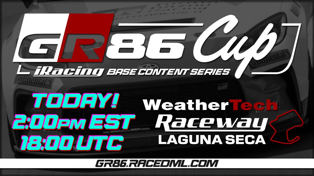 RaceDML's tweet photo. It's race day! Come join us for our @iRacing GR86 Cup today at 2pm EST (1800 UTC). To learn more and to register https://t.co/etu4BuPEwU 

#Simracing @TOYOTA_GR  @sim_grid @SimulatedMedia https://t.co/iyanVTVky5