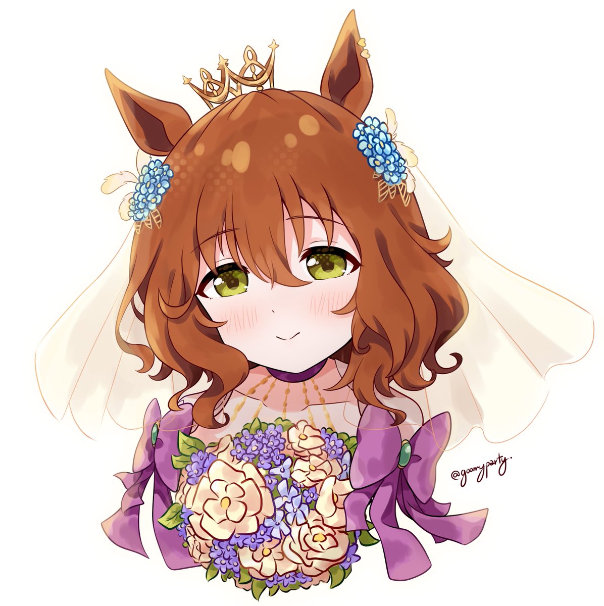 1girl solo animal ears horse ears flower green eyes smile  illustration images