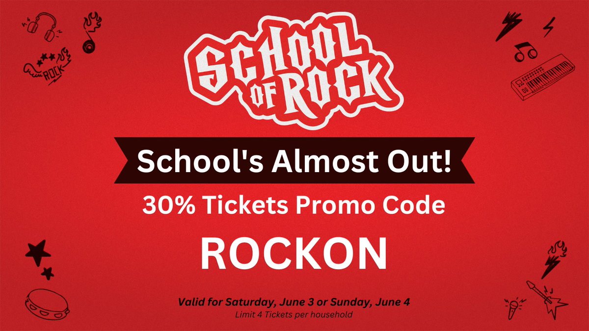 School's Almost Out! Use Promo Code ROCKON to get 30% off tickets for Saturday, June 3, or Sunday, June 4! Limit 4 tickets per household. Purchase online through Monday, or by phone/in-person through Sunday. Not valid for past purchases. bit.ly/40KxAxw #MemorialDaySale
