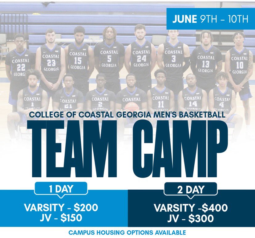 Coastal Georgia Men’s Basketball (@coastalgambb) on Twitter photo 🚨High School Team Camp🚨
HS coaches, we are a couple weeks away from team camp on June 9th-10th. LAST DAY to register is June 3rd!! Bring your teams to the beautiful Golden Isles!
For all info & to register:
🔗 tinyurl.com/CCGATeamCamp
📧charris@ccga.edu or jmoore@ccga.edu 🚨High School Team Camp🚨
HS coaches, we are a couple weeks away from team camp on June 9th-10th. LAST DAY to register is June 3rd!! Bring your teams to the beautiful Golden Isles!
For all info & to register:
🔗 tinyurl.com/CCGATeamCamp
📧charris@ccga.edu or jmoore@ccga.edu