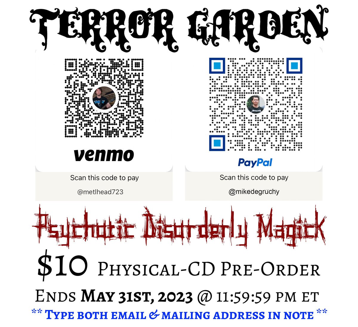 geedrums's tweet photo. Hey folks!!  😃🤘🎶

There is still 5 days left to PRE-ORDER your actual CD copy of our new CD, Psychotic Disorderly Magick!!!   😃🤘🎶

Just scan the QR codes below!!   Yes it's THAT easy!!   Thank you!!

#drummer #ihitthings #terrorgarden #originalmusic https://t.co/wRLC74yfWt