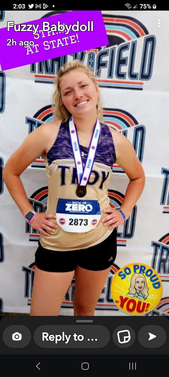 Congratulations to my beautiful granddaughter Jlynn of TBHS and daughter of Ben and Dawn for hitting a pr at 38.97 meters at the state competition. 5th all state. She works so hard always with full encouragement from her amazing coach York.  ❤️