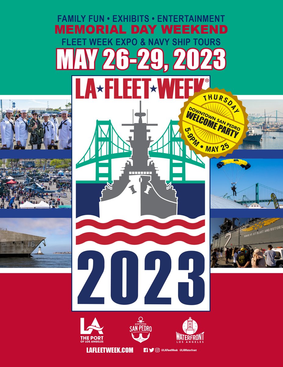 LACity's tweet image. This #MemorialDayWeekend, May 26-29, is #LAFleetWeek2023, an annual, multi-day celebration of our nation’s Sea Services held on the @LAWaterfront. Follow @LAFleetWeek for details. lafleetweek.com