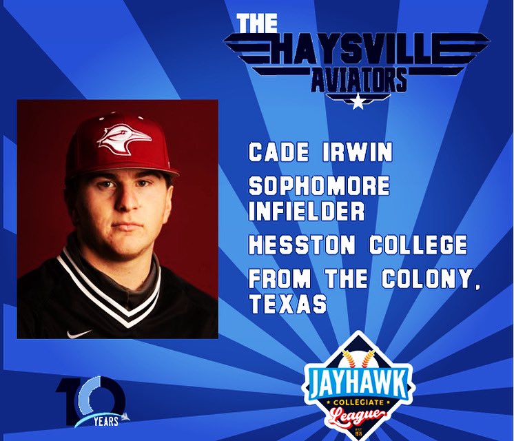 This morning, the Aviators would like to welcome Cade Irwin of @HesstonBaseball for #Year10 in @HaysvilleCity