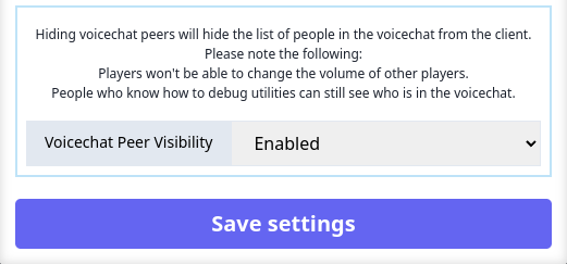 OpenAudioMc's tweet photo. Another new feature just became available to all servers!

Admins can now disable the list of people in voice chat. This means that people won't have an unfair gameplay advantage from having a second monitor.

CHeck for the new config option within your account. https://t.co/zmRfD6txA1
