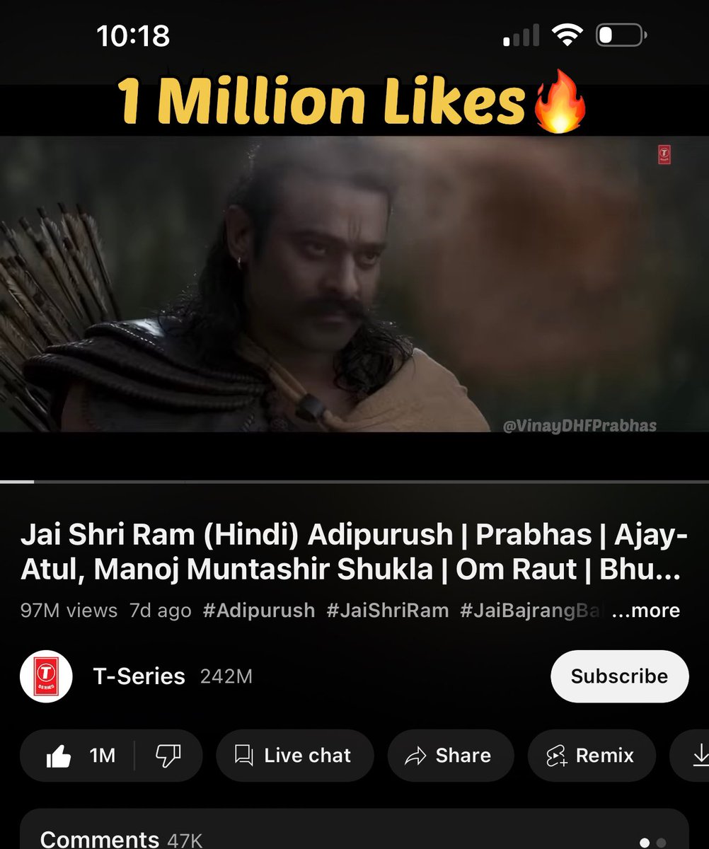 And its 1 Million likes for #JaiShriRam song in just 7 days 🏹😍

And I think it will reach 100M views by tomorrow 💯

#Prabhas #Adipurush
