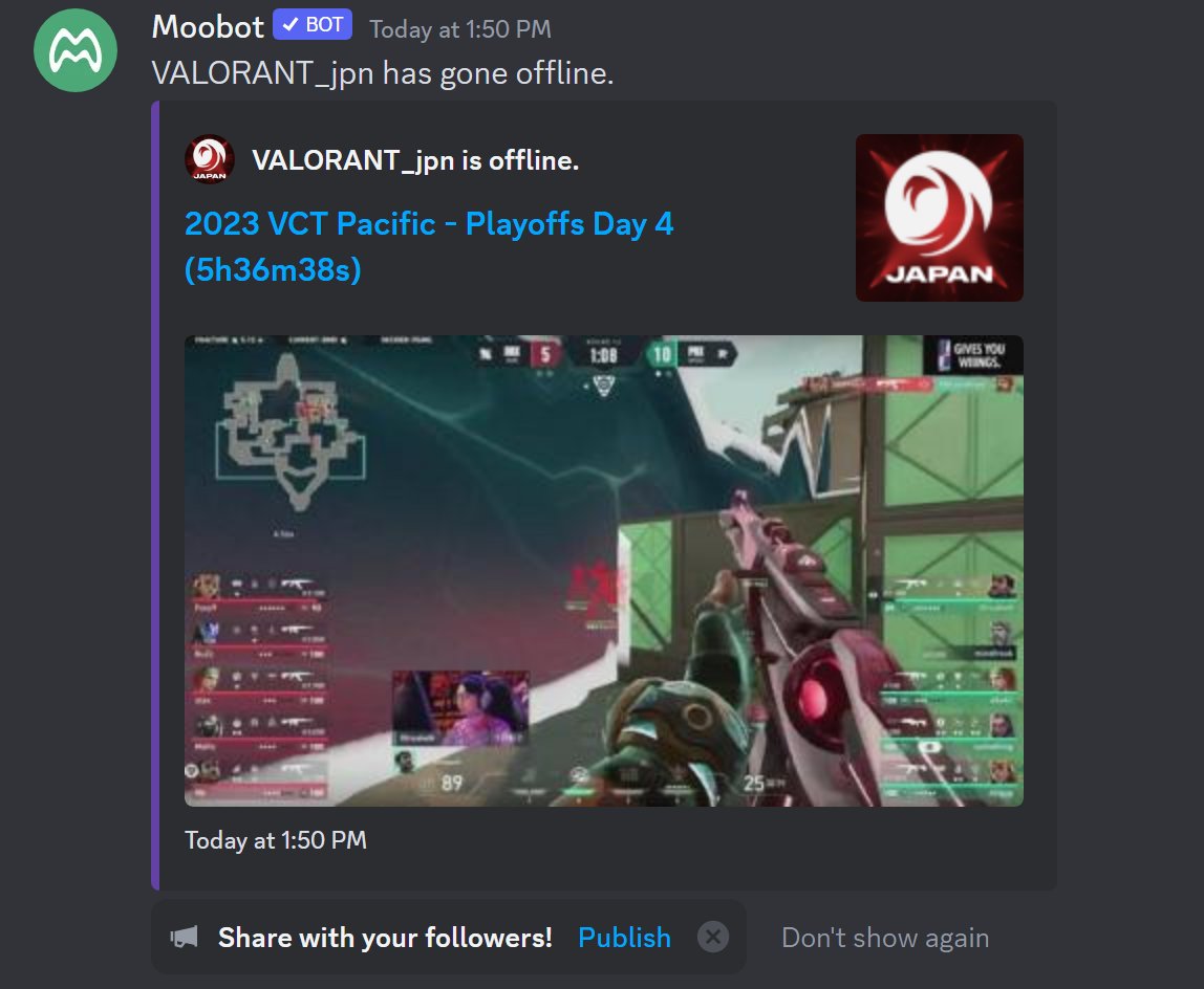 MoobotApp's tweet image. Dropped another @Discord feature today: Twitch live announcements💜

- Sent and updated in real-time with your current title and game
- Replaced with link to VOD when you go offline
- Reliable, unlike Twitch&apos;s
- And fully customizable to fit your unique style