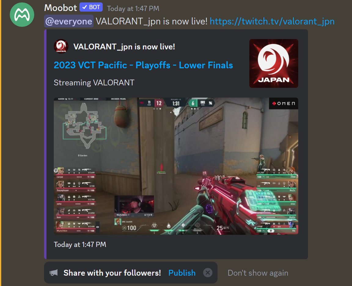 MoobotApp's tweet image. Dropped another @Discord feature today: Twitch live announcements💜

- Sent and updated in real-time with your current title and game
- Replaced with link to VOD when you go offline
- Reliable, unlike Twitch&apos;s
- And fully customizable to fit your unique style