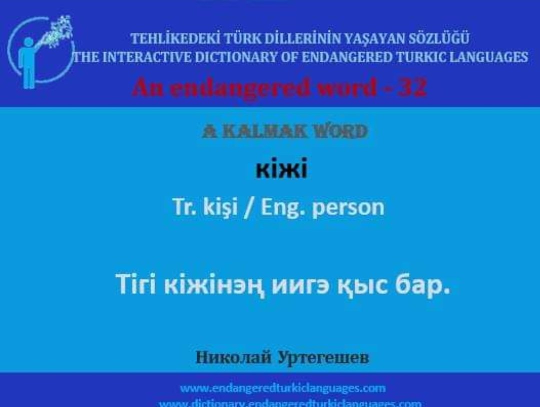 SavkCelik's tweet photo. Kalmak Türkçesi bir sözcük:
Kiji "kişi"
https://t.co/rs0XI2Qxjs
#Kalmak #endangeredlanguages #UNESCO #Turkiclanguages https://t.co/LWjFCT1um6