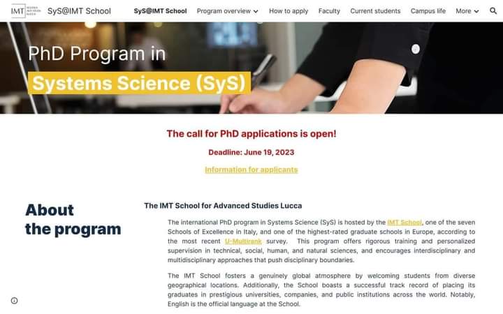 🎓🌐 Exciting opportunity alert! Fully-funded #PhD positions available at IMT School for Advanced Studies Lucca in Complex Systems and Networks, Computational Mechanics, Learning and Control, and Software Quality. Don't miss your chance to pursue ⬇️⬇️