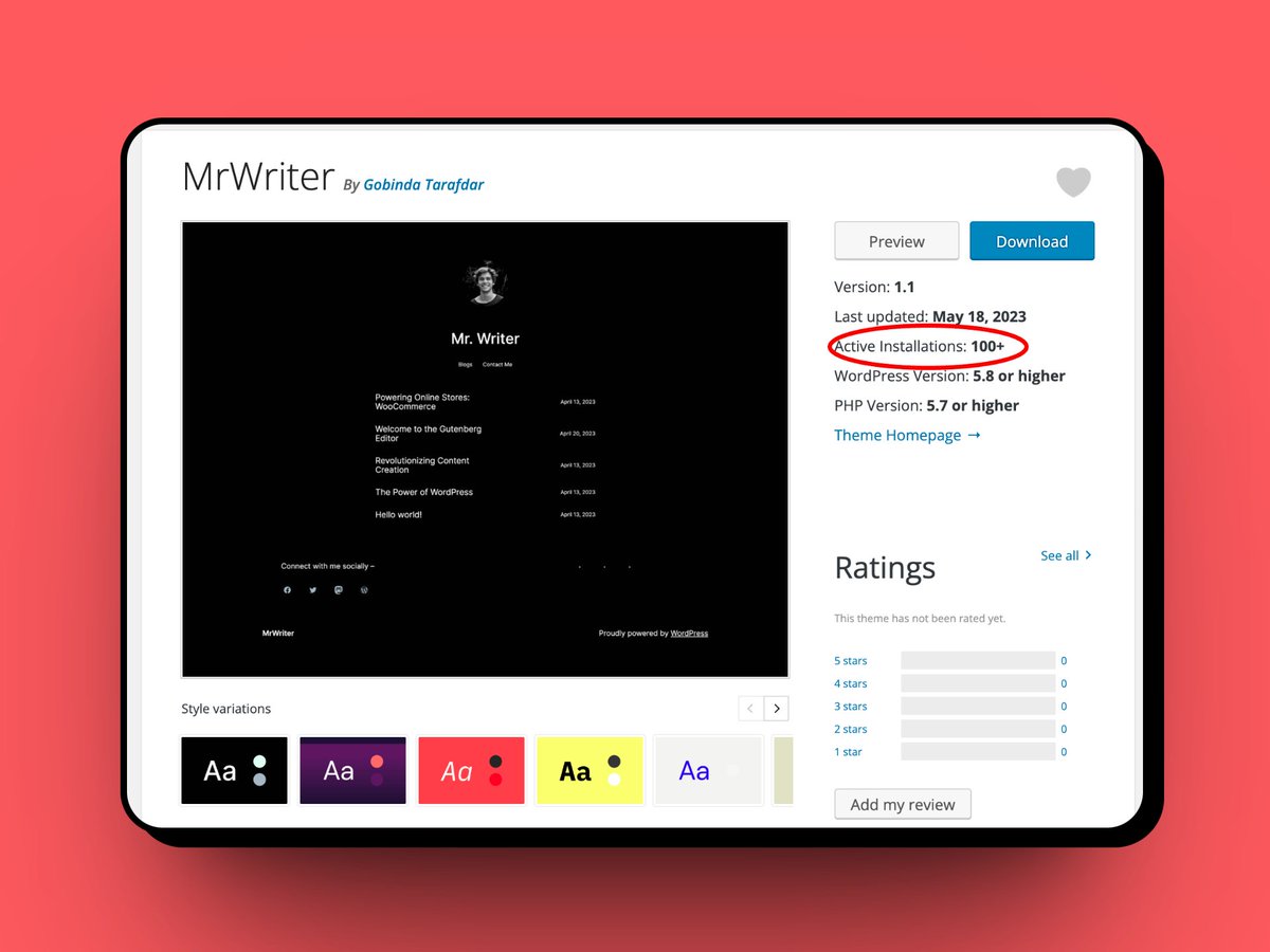Gtarafdarr's tweet image. First Milestone has been achieved. 100+ active installations done. Thanks a lot, buddies, who helped me to achieve this. 
Try the live demo from here - tastewp.com/template/mrwri…
Or download it from here - wordpress.org/themes/mrwrite…
#WordPress #BlockTheme #FSEtheme
