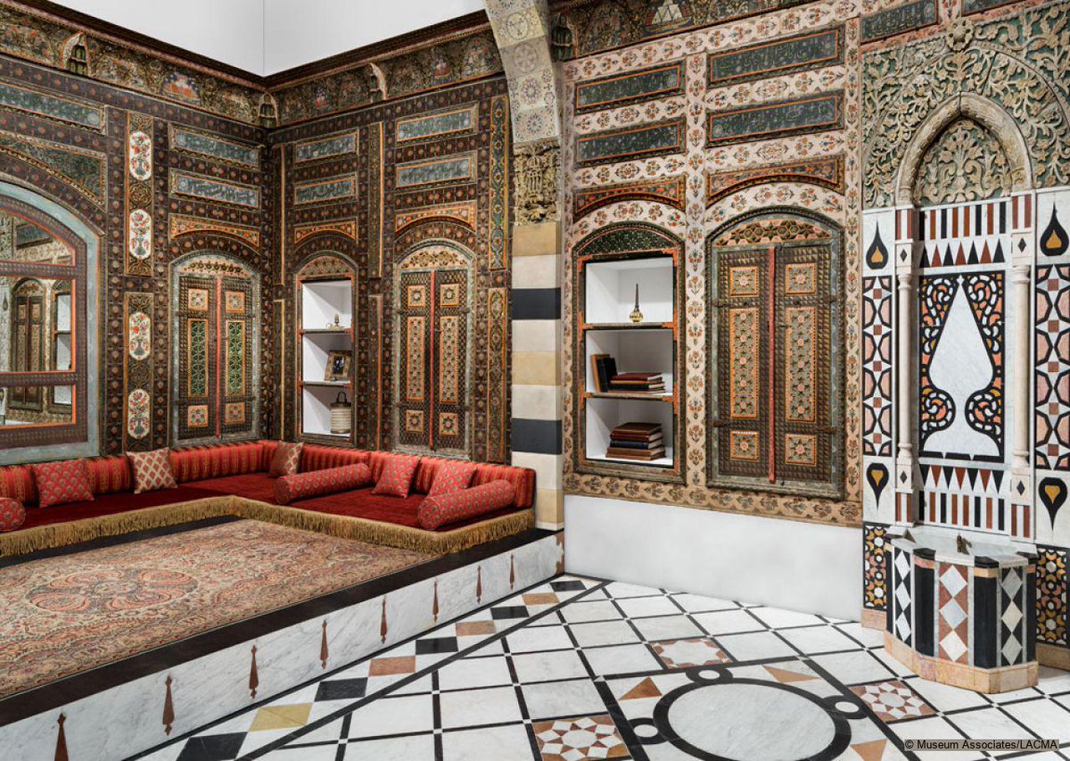mwnf_org's tweet photo. LACMA's Damascene period room derives from a courtyard home in the al-Basha quarter. The room is largely in its original state with impressively preserved painted surfaces with brilliant pinks, oranges, blues, and greens. | https://t.co/HAkbUmBmjz https://t.co/LAvkt6MOVB