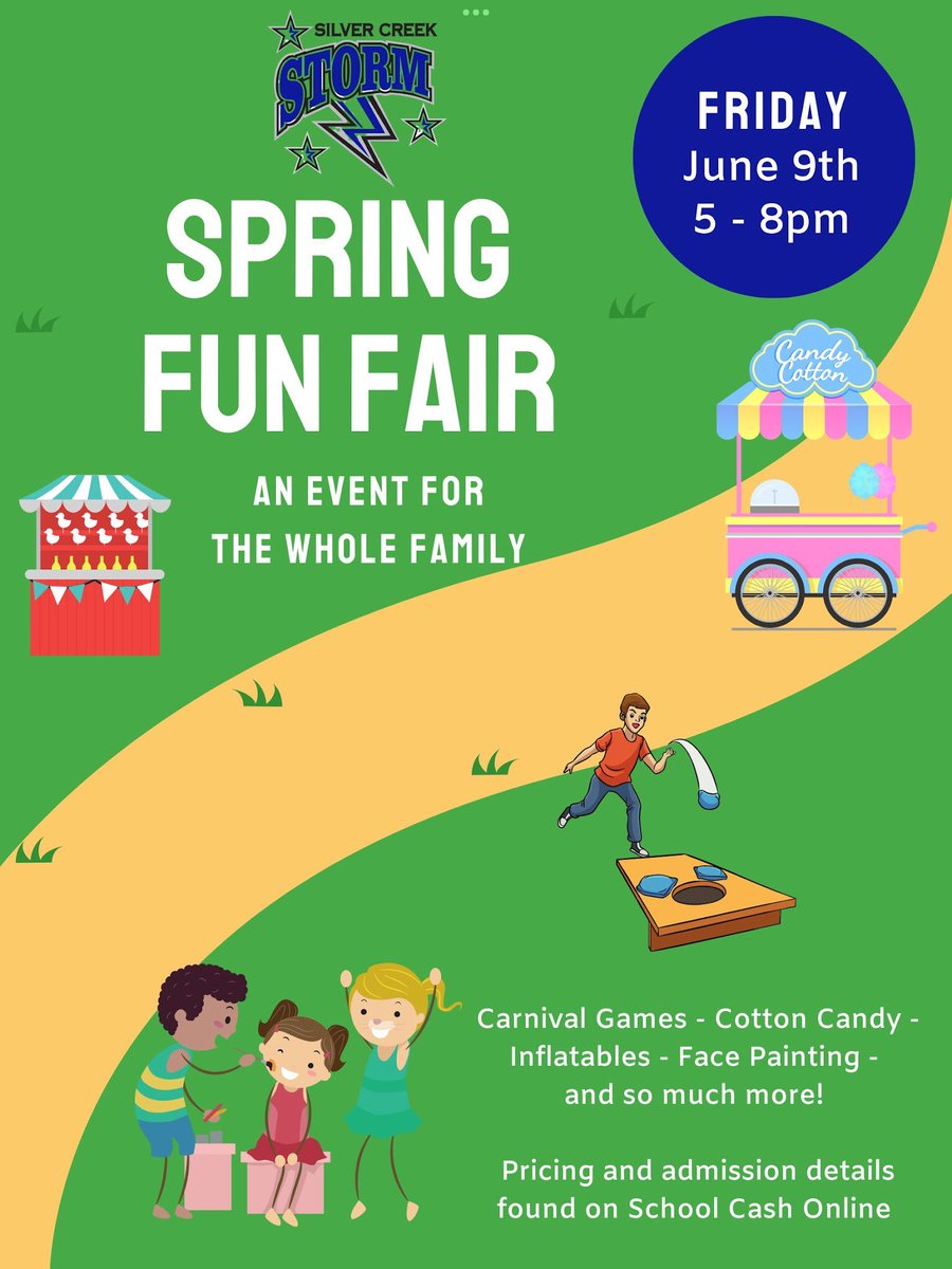 Our Spring Fun Fair is on Fri. June 9!! Come join us for some food, inflatables and games!  All tickets, wristbands MUST be purchased beforehand on school cash online! #MySilverCreek