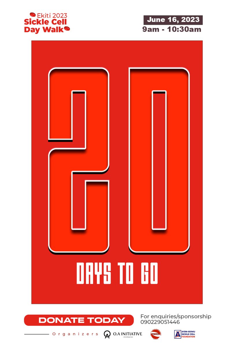 OAinitiative_'s tweet photo. 20 Days Closer to Our Goal: The Final Countdown to our Sickle Cell Day Walk Begins!
.
.
#sicklecellawareness
#sicklecellwalk
#scdwalk2023
#ekitiscdwalk2023
#worldsicklecellday
#sicklecellcampaign
Dele Odule Haller Vice City opposition Nkunku https://t.co/wqTzKNEWgz
