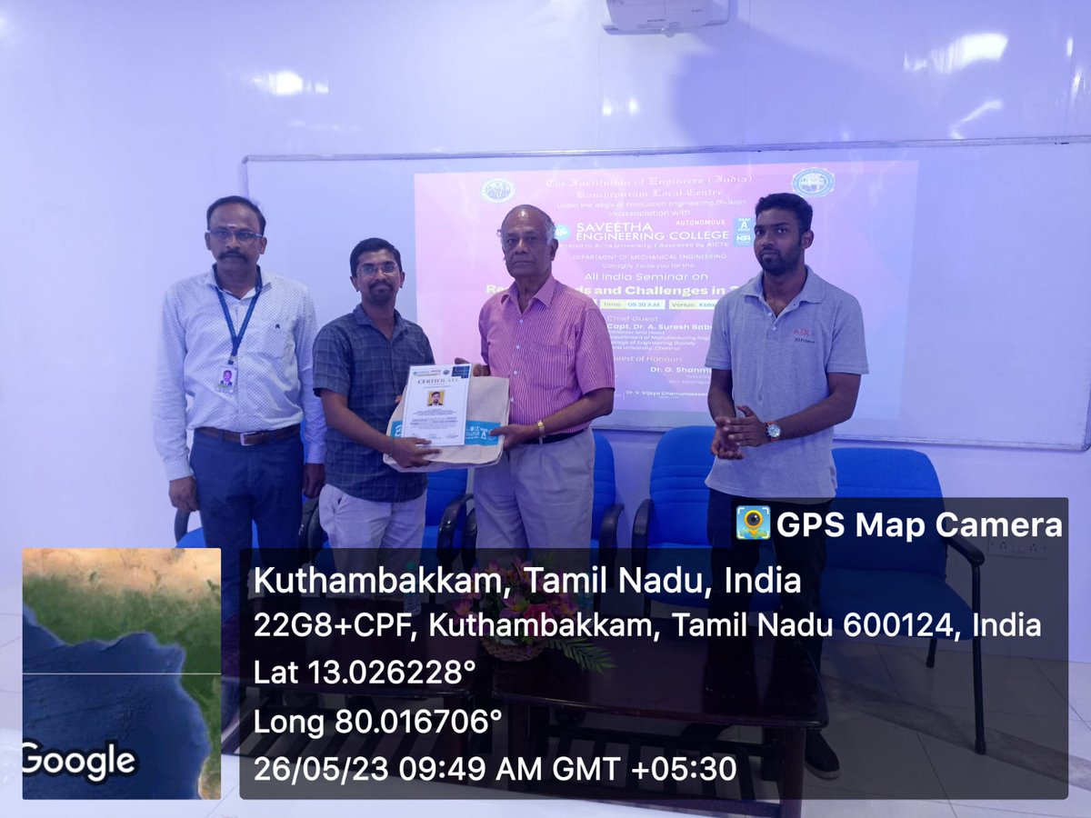 BiochemSdc's tweet image. Dr. P. Sabarinathan delivered a lecture on “Advances in Medical 3D printing” during the IEI-sponsored All India Seminar on &quot;Recent Trends and Challenges in 3D Printing&quot; held on May 26, 2023, at Saveetha Engineering College, Chennai. #invitedlecture #SDC #biochemsdc #SIMATS