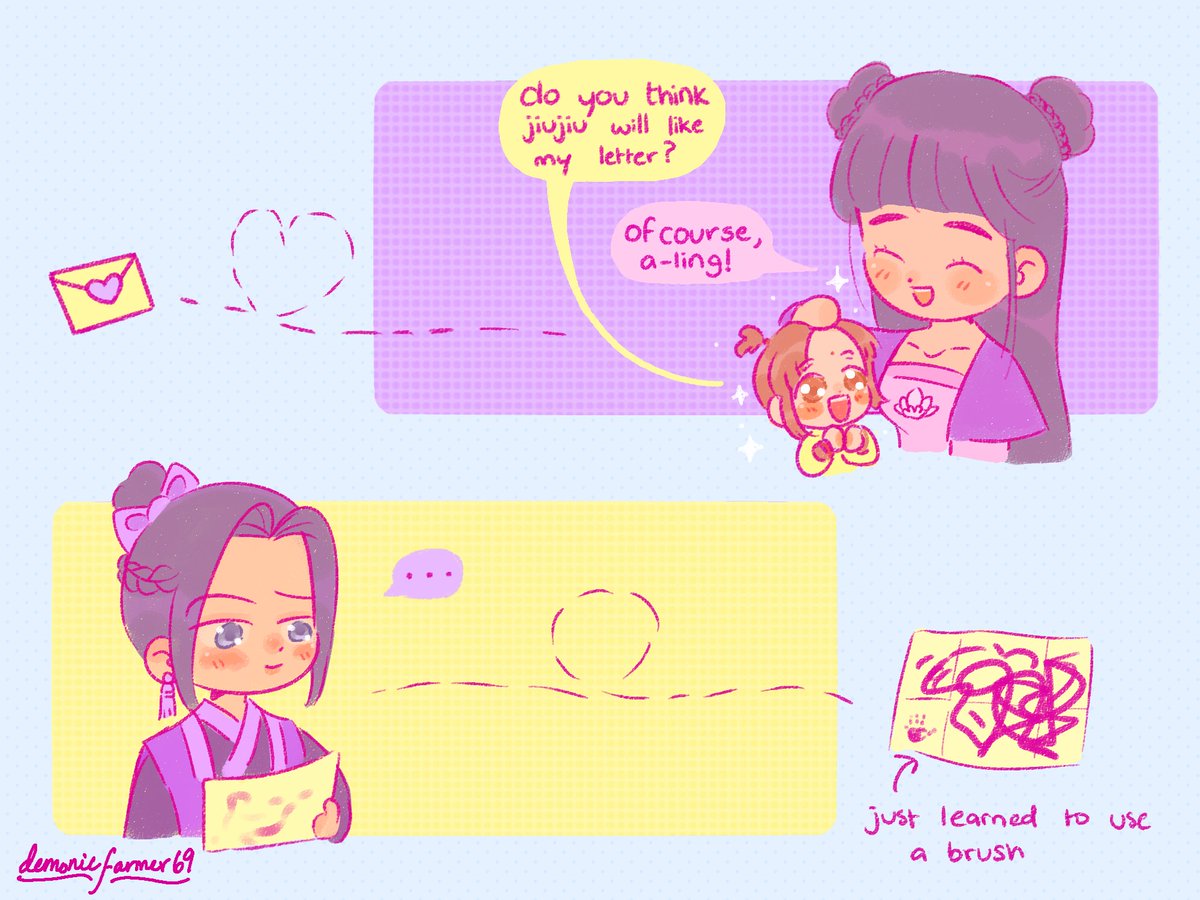 day 1 | letters 💌 | #maylingjiujune
jyl: look, jiujiu wrote u a response back! 
jl: lemme see, lemme see!
jl:
jl: i dont know how to read 
#jiangcheng #jinling #jiangyanli #mdzs