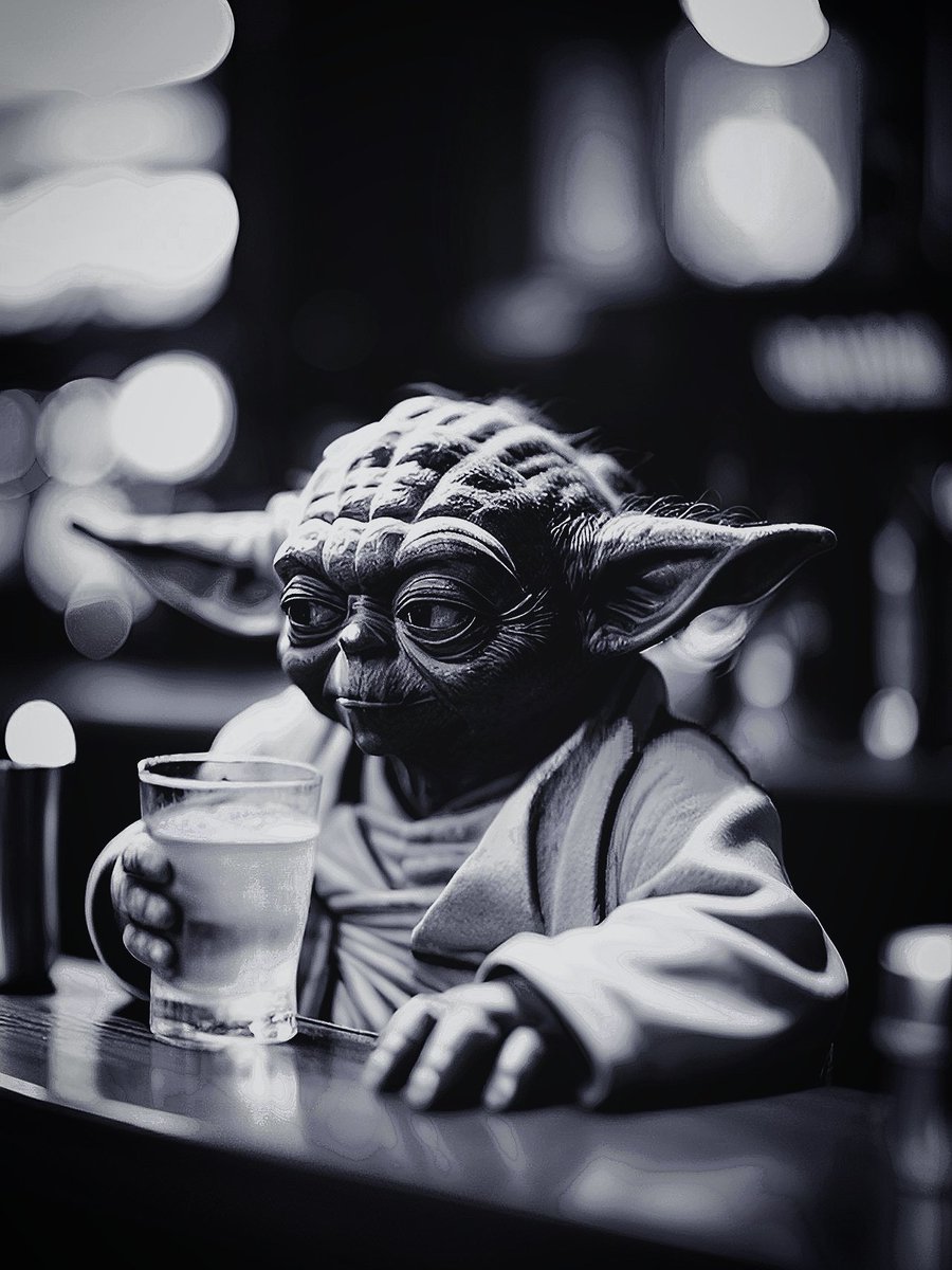 Meme_n_stuff's tweet photo. Daily AI Yoda... "Yoda sits at the bar, pondering life. 'Hit R2D2 with a stick, had I not... Return my calls, he might...'" 

#DailyAIYoda #Yoda #AIart #AIArtwork #aiartist #AIArtistCommunity #StarWars #R2D2 https://t.co/LOoCEBQmGc