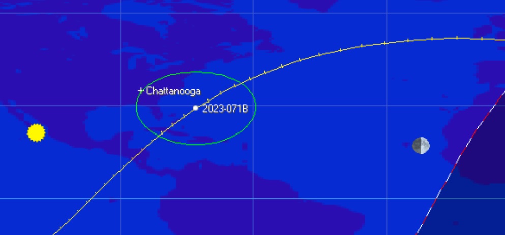 Next up, the SL-4B rocket booster from the Progress-MS23 launch (COSPAR ID 2023-071B) reentered on May 26th at 19:11 UT+/-1 minute, off the US SE Atlantic coast under daytime skies:   aerospace.org/reentries/56741