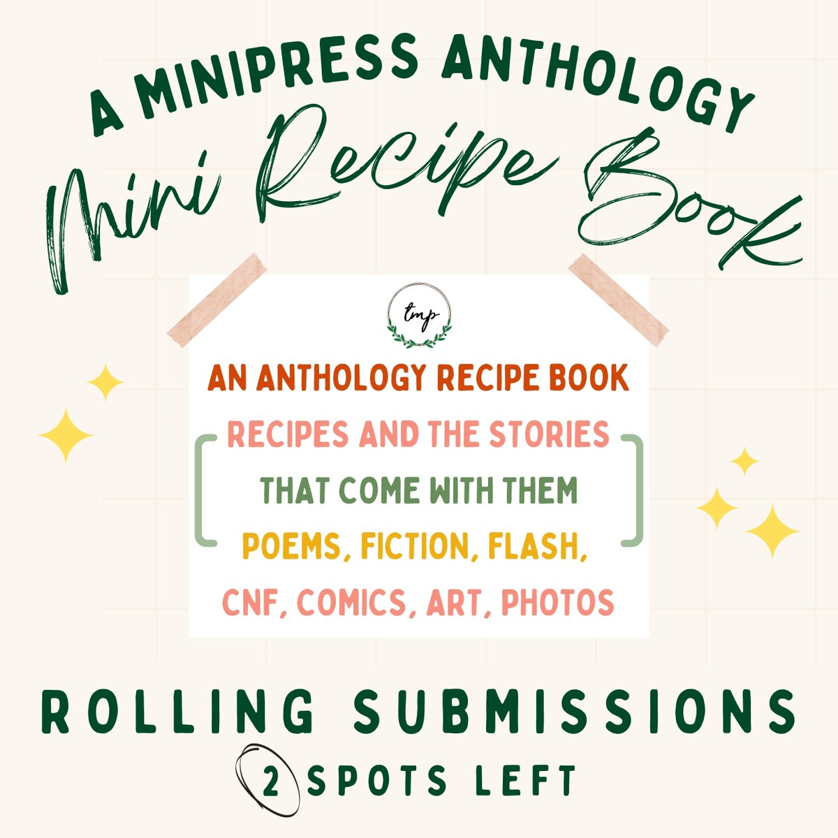 STILL 2 SPOTS LEFT! Get your recipes and accompanying poetry/artwork in before we fill up!

Submit to our first print issue! theminisonproject.com/minipress

#MiniPress #RecipeAnthology #FoodWriting