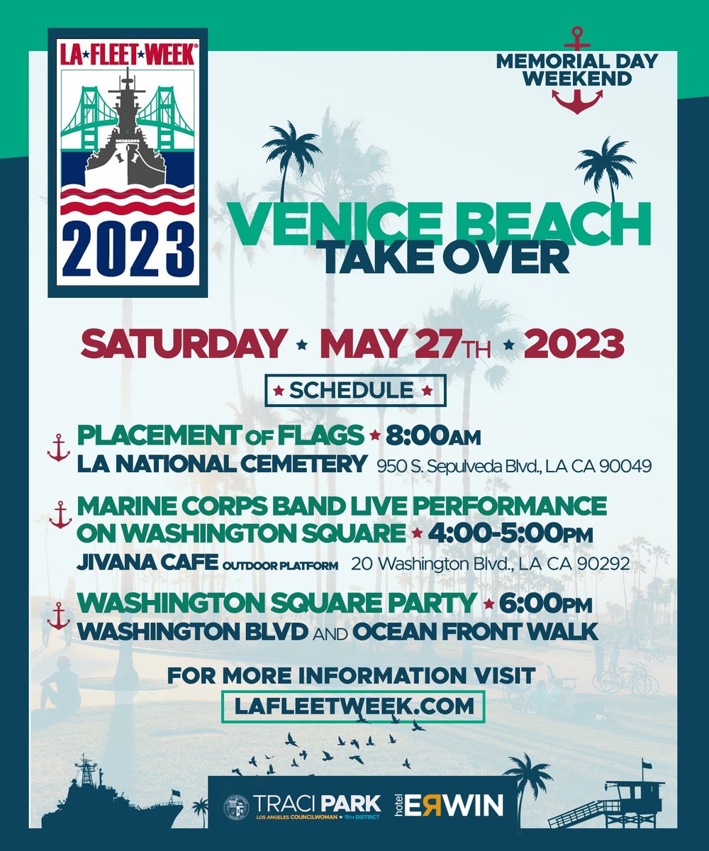 LAFleetWeek's tweet image. Hey, #Venice, #LAFleetWeek23 is coming your way!
@MarineBandSD
rocked the #LAFleetWeek stage yesterday. Go enjoy them in your neighborhood. (Times on the flyer.)
@USMC @LACity #neighborhoodactivations #neighborhood #military #memorialdayweekend #community