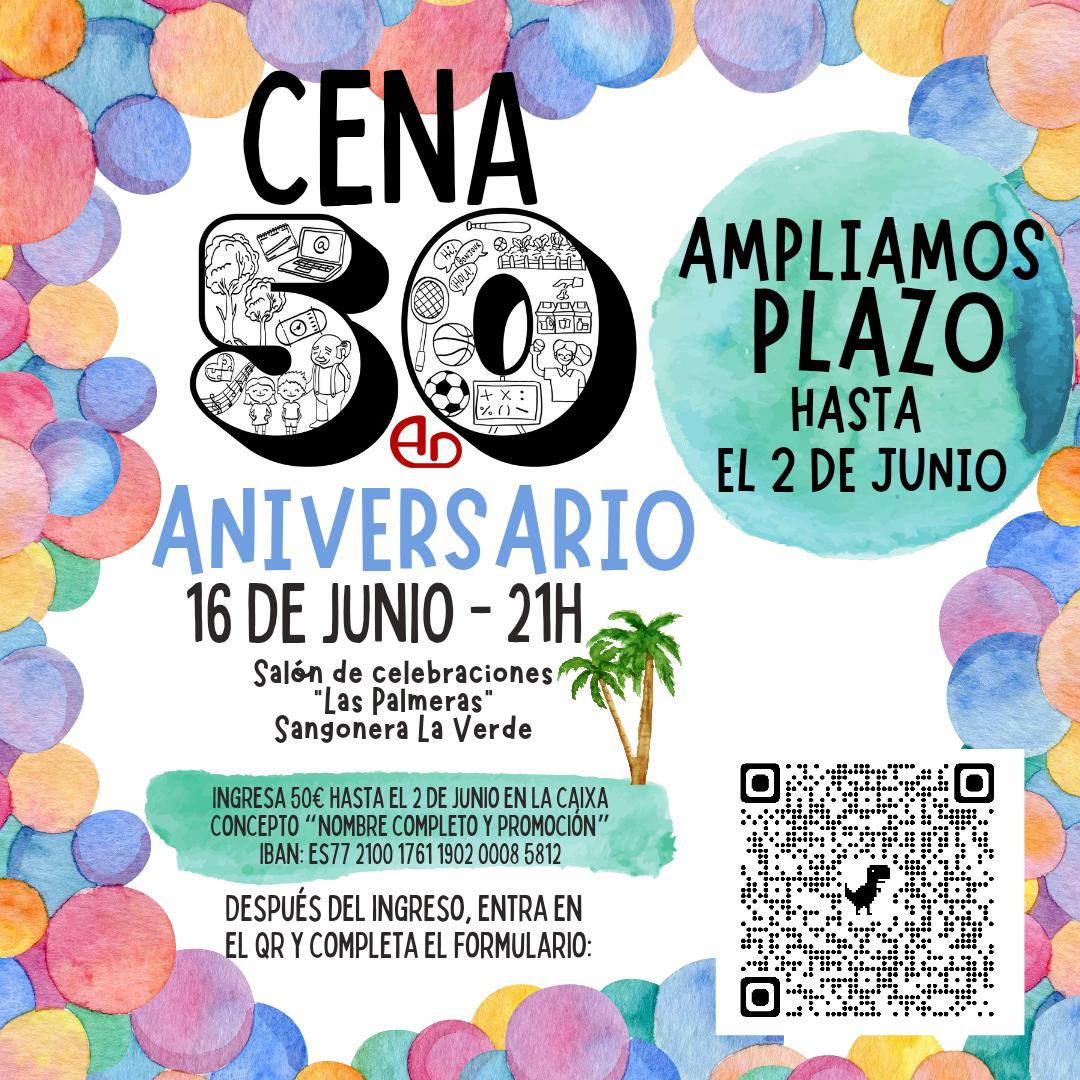 ceip_ADDorrego's tweet photo. 📣AMPLIAMOS EL PLAZO HASTA EL 2 DE JUNIO, ¡APÚNTATE!📣
🎉CENA 50 ANIVERSARIO🎉 
📅16/6/23
🕘21h
🌴"Las Palmeras" en Sangonera La Verde.
💶50€ hasta el 2/6
🏦La Caixa ES 77 2100 1761 1902 0008 5812
🏧Concepto “Nombre completo y promoción".
⚠️Completa el formulario del QR. https://t.co/JtxA5pzQa0