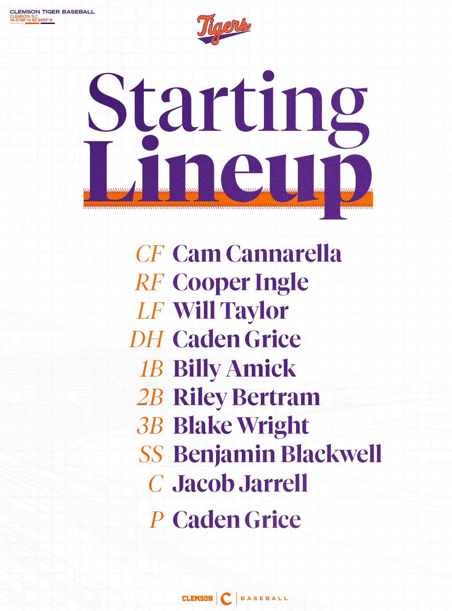 ClemsonBaseball's tweet photo. 𝐒𝐓𝐀𝐑𝐓𝐈𝐍𝐆 𝐋𝐈𝐍𝐄𝐔𝐏🐅

🆚 North Carolina

#Clemson https://t.co/WLdydpcqbx