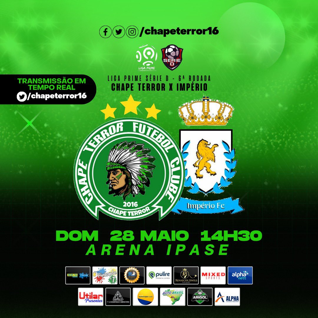 PRA MANTER A LIDERANÇA E SEGUIR INVICTO ✅💚🦇

A tropa da Chape encara o Império amanhã (28) na Arena Ipase. A bola rola 14h30 pela 6ª rodada da Liga Prime - Série D. ✍🏻💚🤍🖤🦇

FOCO TOTAL nessa reta final da primeira fase ✍🏻💪🏻🔥

📱⚠️TEMPO REAL NO TWITTER⚠️📱
