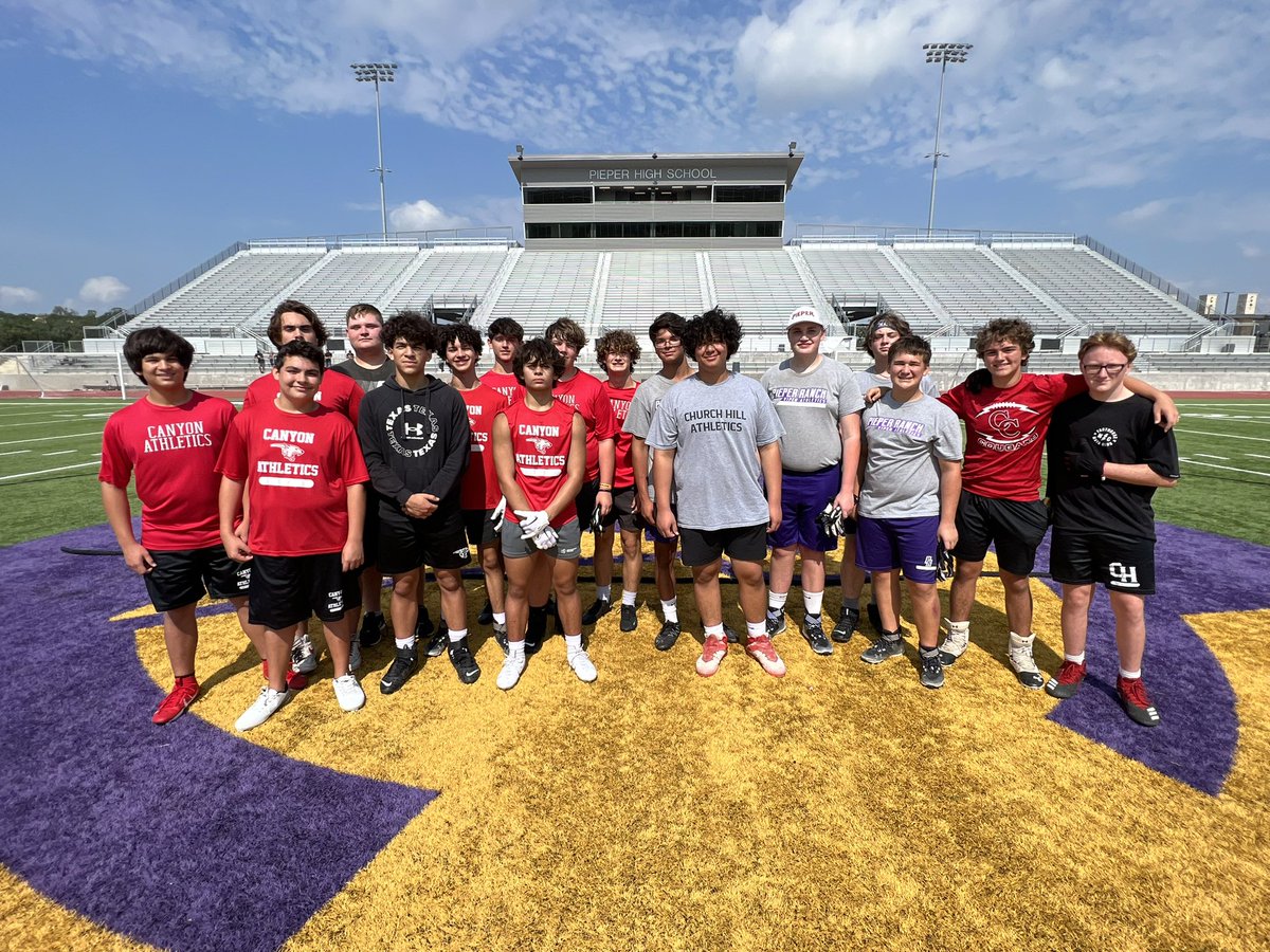 Coachbrycemac's tweet photo. We hosted incoming freshman from Pieper Ranch, Church Hill and Canyon Middle Schools today for our first Lineman Challenge! Thanks to @CoachLeonardTX for bringing his guys over! Can’t wait for the big LC next week! https://t.co/uH4JAugPHl
