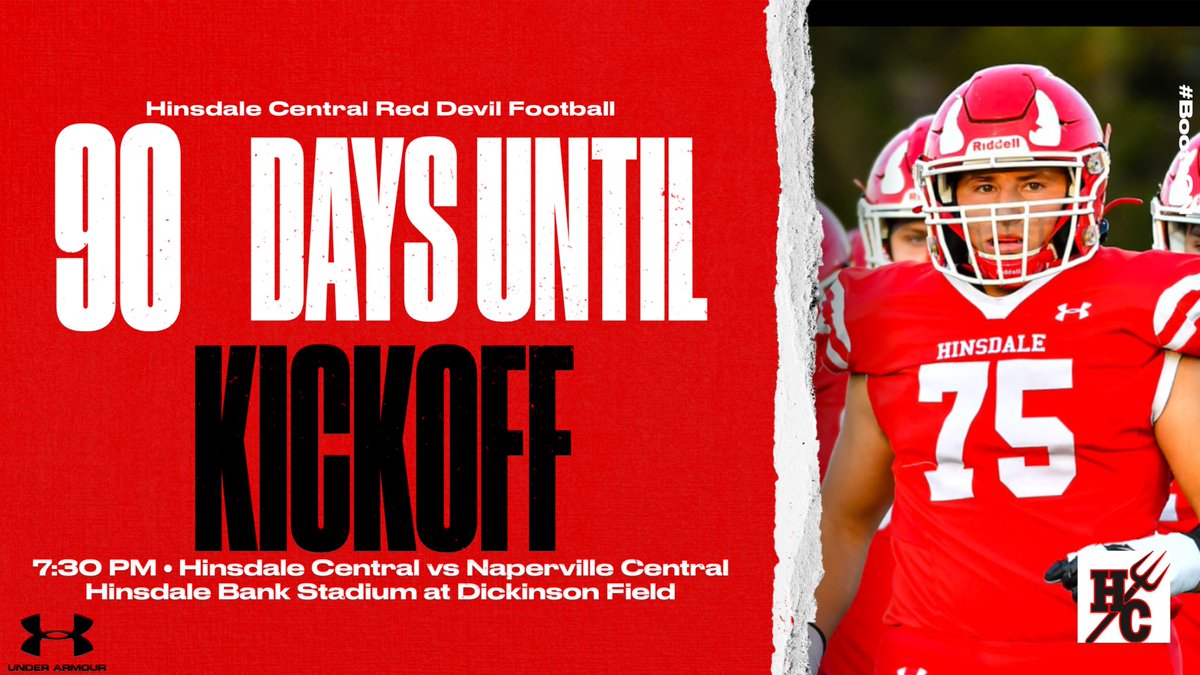 Only 90 days until the 2023 Red Devil football season kicks off! Opening night at Hinsdale Bank Stadium at Dickinson Field is Aug 25th vs Naperville Central! #BootsOn #RedDevilGrit