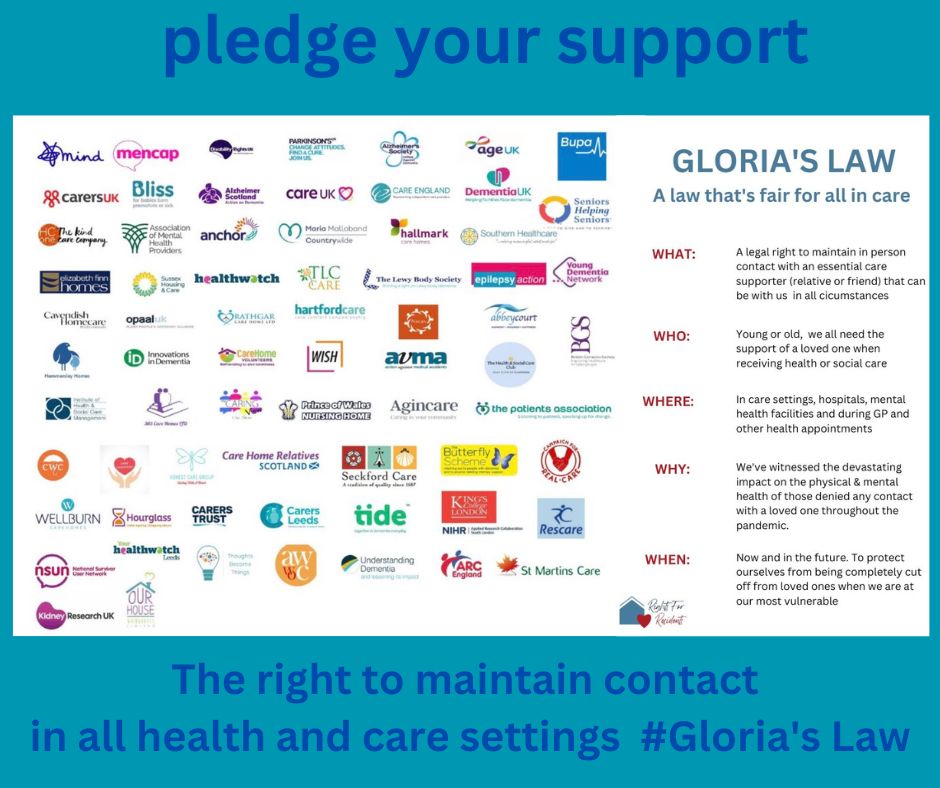 70+ charities/organisations are now supporting the right to maintain contact in all health & care settings. It would be great to add you to the list @DemCarersCount! Please will you add your support? #GloriasLaw #rightsforresidents