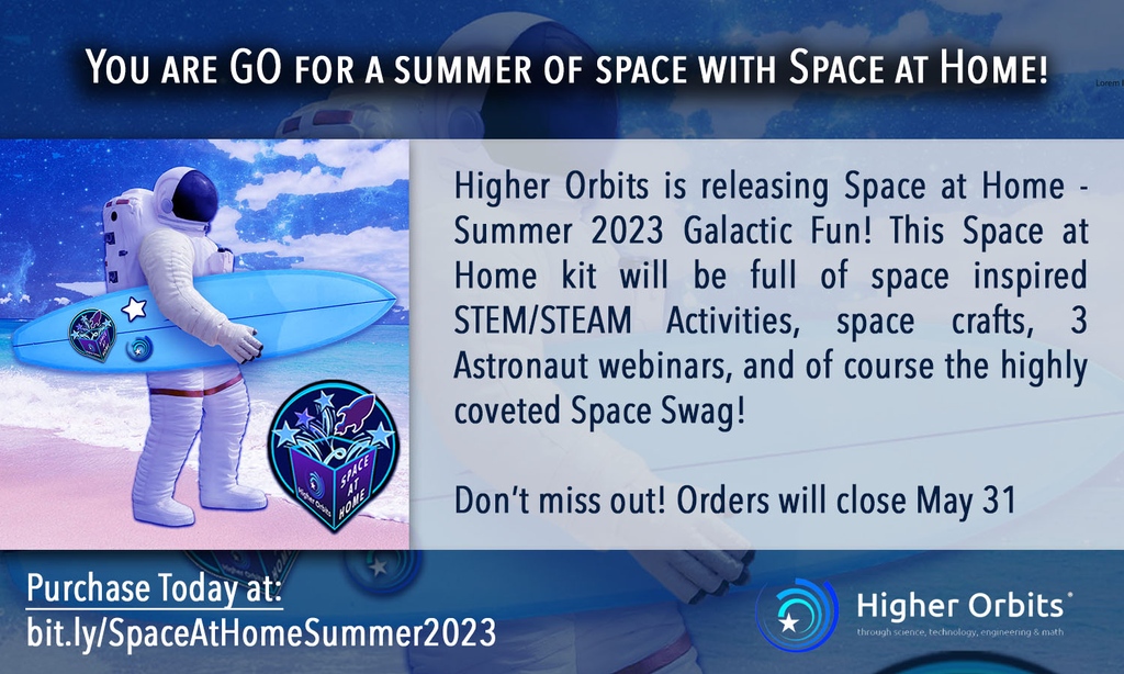 HigherOrbits's tweet photo. Don't miss out on the #SpaceAtHome Summer kit! Available for a limited time with #SpaceInspired #STEAM activities, crafts, #Astronaut webinars, #SpaceSwag, &amp; More! Visit https://t.co/HLmnPmTTQM and select Space at Home for full details &amp; to order! #SpaceInspires #SummerFun https://t.co/dCyuTKyi4g