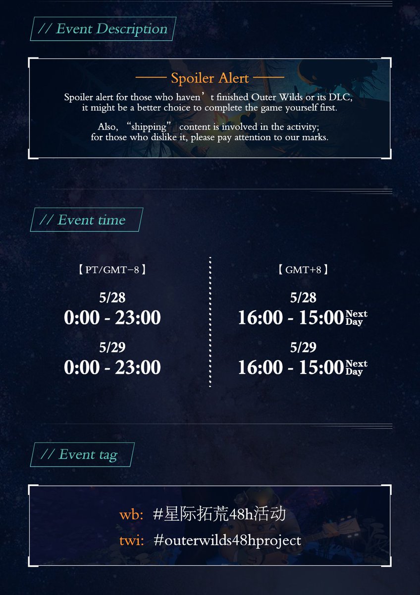 ow48hours70772's tweet photo. Hi!
It's OW 48h project.
We are glad to celebrate the 4th anniversary of Outerwilds in this form.

Relevant information is as follows. Let's look forward to ow fans works on 5/28 and 5/29!

The proclamation map artist:根岸 @sasa_fistulosum
#outerwilds48hproject
#OuterWilds https://t.co/Ysz9yxKl7J