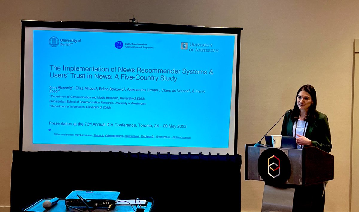 Claes de Vreese (@claesdevreese) on Twitter photo How do news users perceive and experience news recommender systems? And how does that related to trust? <a href="/sina_jb/">franklin</a> presenting our five country study π¨π π³π± π¬π§ πΊπΈ π΅π± #ica23
<a href="/elizamitova/">Eliza Mitova</a> <a href="/EdinaStrikovic/">Edina Strikovic</a> <a href="/esserfrank_/">Frank Esser</a> <a href="/AUrman21/">Aleksandra Urman</a> How do news users perceive and experience news recommender systems? And how does that related to trust? <a href="/sina_jb/">franklin</a> presenting our five country study π¨π π³π± π¬π§ πΊπΈ π΅π± #ica23
<a href="/elizamitova/">Eliza Mitova</a> <a href="/EdinaStrikovic/">Edina Strikovic</a> <a href="/esserfrank_/">Frank Esser</a> <a href="/AUrman21/">Aleksandra Urman</a>