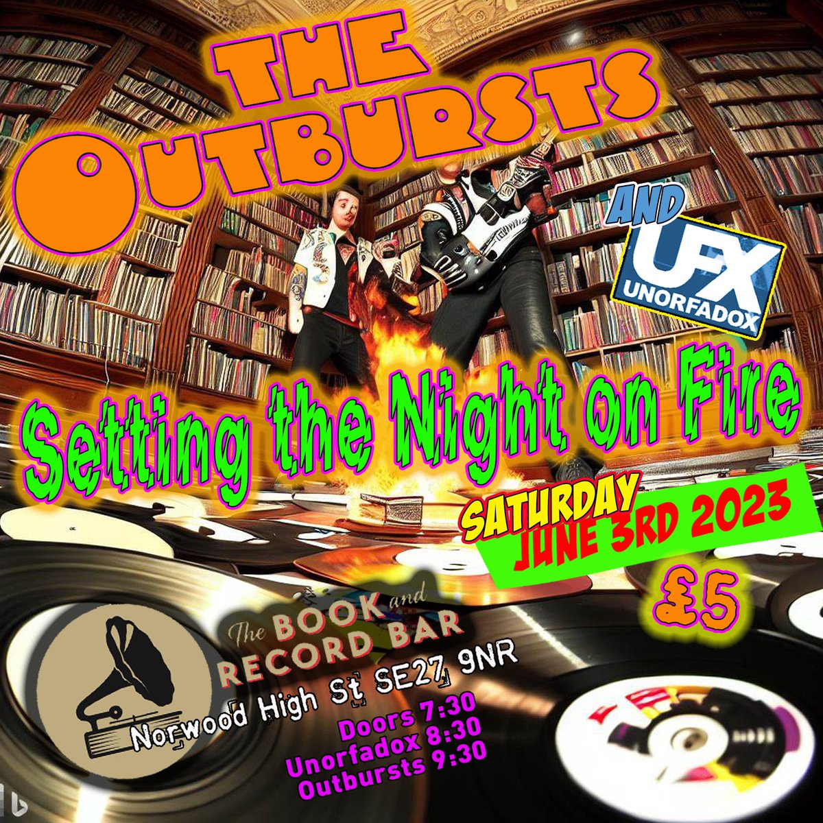 Outbursting into flames on Saturday 3rd June <a href="/BooknRecordBar/">Book and Record Bar</a> with #Unorfadox.
Doors 7:30 Farenheit 451 &amp; Hot Wax - all for £5
The time to hesitate is through!
#aiart #BurningQuestions #punkrock #rockmusic #newmusic2023 #upcominggigs #bonfireofthevanities