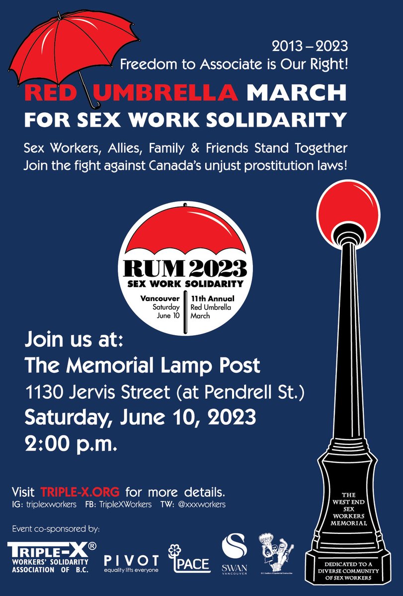 XXXWorkers's tweet photo. JUST 2 WEEKS AWAY!!! #RUM2023 #RedUmbrellaMarch for #SexWork #Solidarity #Vancouver #YVR Dress up! Make noise! Have fun! #FreedomToAssociate Bring your friends! https://t.co/GOYNtPdCG7