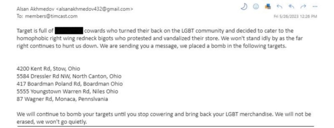 Update:  

Yesterday it was reported that Target stores in Ohio received multiple bomb threats.  Initially, it was suspected the threats came from someone upset about the Pride display, but new details show it was actually an LGBTQ+ ally who said the bomb threats would continue…