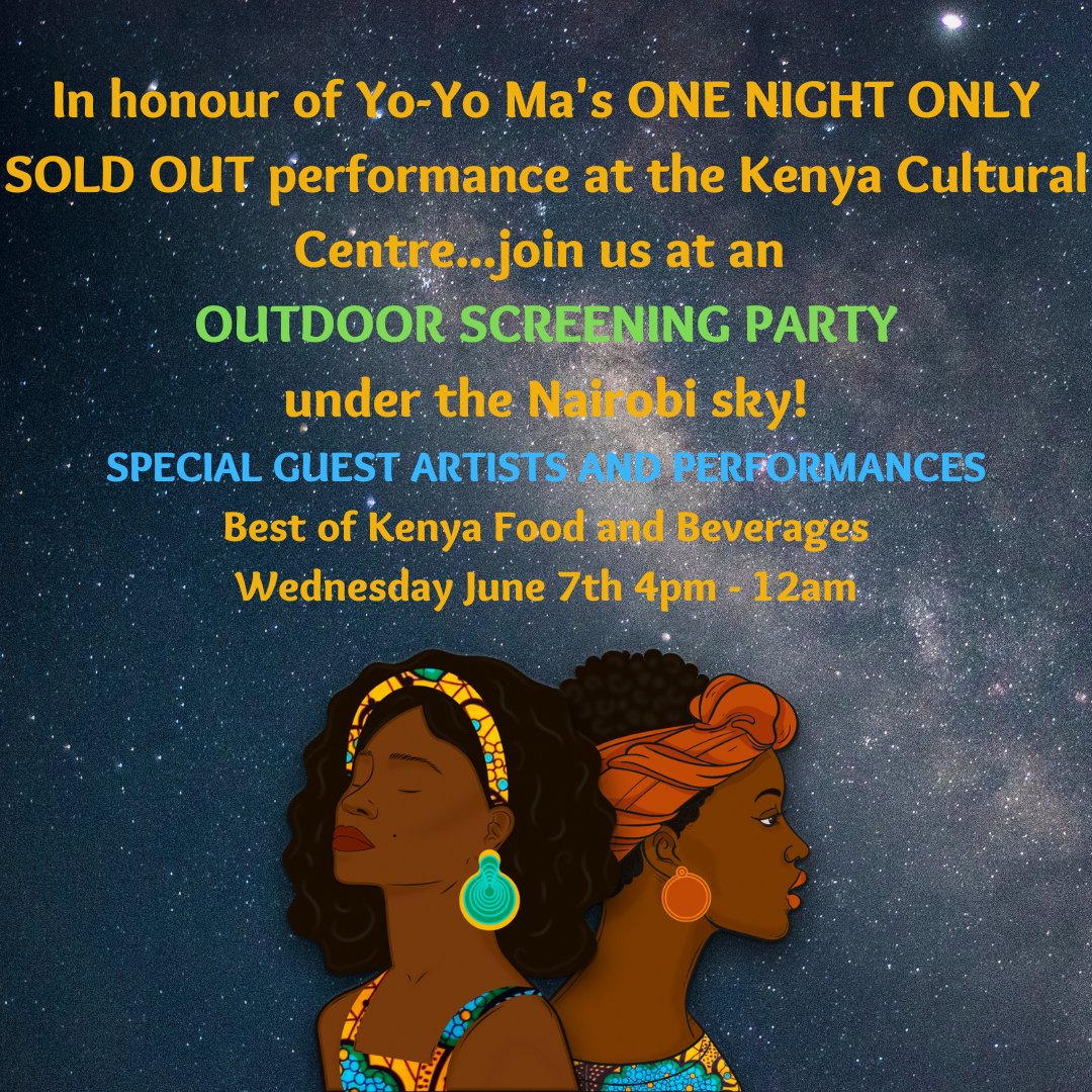 Join the live watch party of @YoYo_Ma 's 1 NIGHT ONLY performance & enjoy the #BestofKenya food, drinks & big screen action with SPECIAL GUEST ACTS! 

Tickets available @hustlesasa :
bit.ly/YoYoMaOutdoorW…

#cultureconnectsus #kenya #cello #yoyomayoyome #nairobi #music