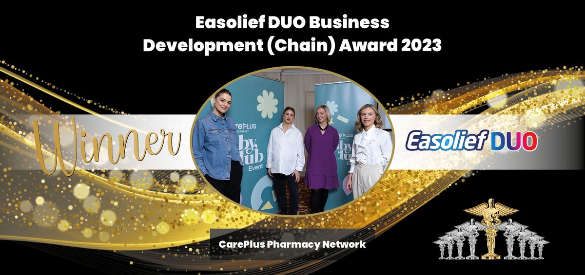 WINNER: EASOLIEF DUO BUSINESS DEVELOPMENT (CHAIN) AWARD 2023

Congratulations CarePlus Pharmacy Network on winning Easolief DUO Business Development (Chain) Award 2023

<a href="/CarePlusIreland/">CarePlus Pharmacy</a>