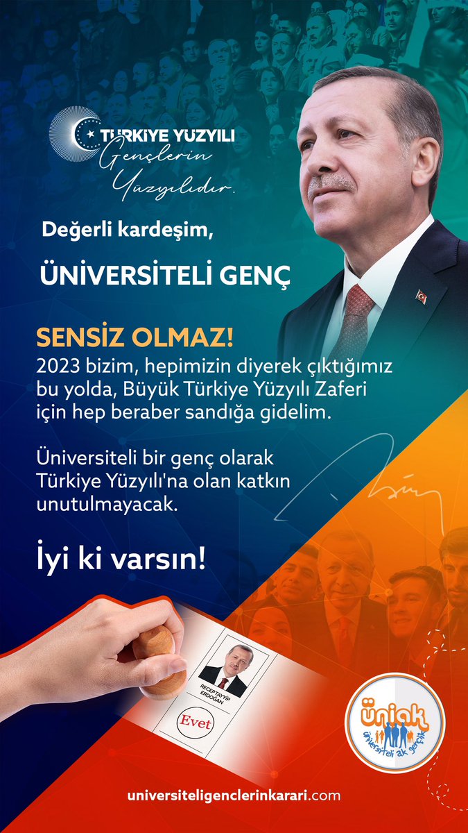 Değerli Üniversiteli Genç;

SENSİZ OLMAZ!

2023 bizim hepimizin diyerek çıktığımız bu yolda, Büyük Türkiye Yüzyılı Zaferi için hep beraber sandığa gidelim. 🚀 <a href="/RTErdogan/">Recep Tayyip Erdoğan</a> 

👇🏻Hatıra biletini oluşturmak için,
universiteligenclerinkarari.com