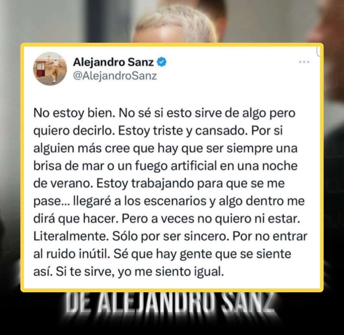 El cantante @AlejandroSanz preocupó a sus fans con un mensaje que publicó en Twitter dejando saber que no está bien. 

Esperemos que pueda regresar pronto a los escenarios y mejore la situación por la que este pasando 🙏🏼 

#MoluscoNews