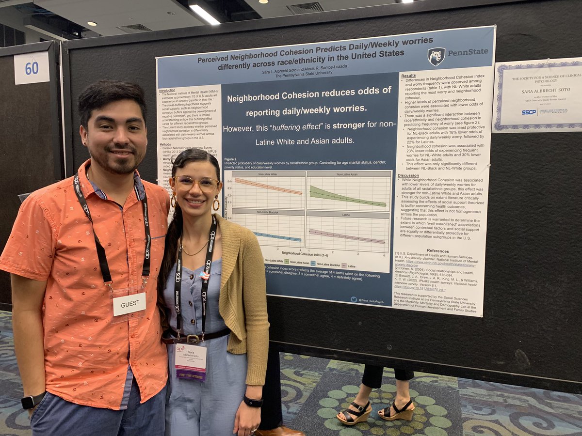 Presenting at #aps23dc our work on the differential affect of neighborhood cohesion on worry frequency across racial/ethnic groups. Thanks to the unconditional support of these folks @AppDemography @DrJoseSoto1 @pkmcdee