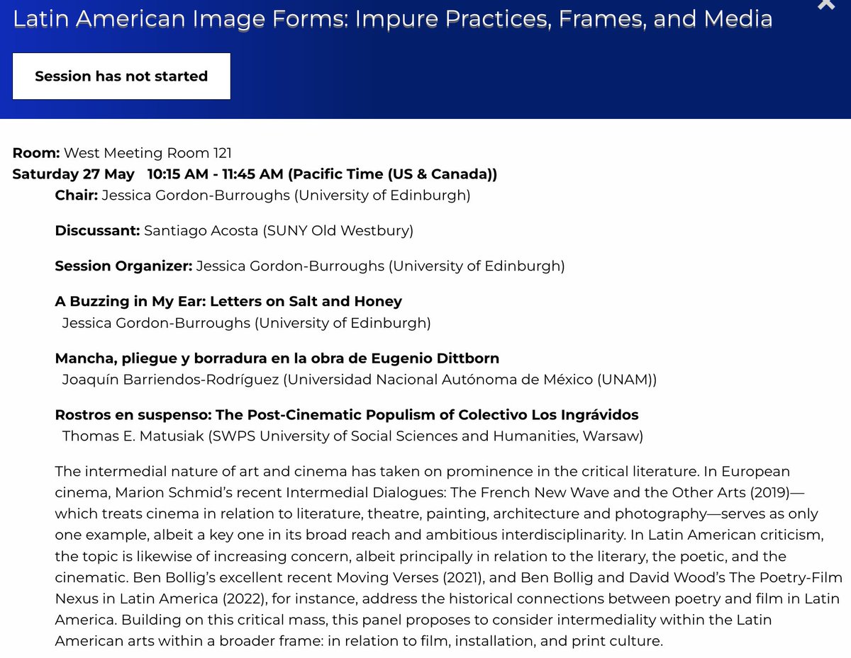 LASA VISUAL CULTURE STUDIES (@lasavcs) on Twitter photo ¡Hoy! 27 May <a href="/LASA2023/">Luis Alberto Sanchez</a>
¡Unanse a nosotros! "Latin American Image Forms: Impure Practices, Frames, and Media" #LASA2023
10:15am - 11:45am (PT) / West Meeting Room 121
@LASACONGRESS <a href="/LASA_FILM/">LASA FILM STUDIES</a> ¡Hoy! 27 May <a href="/LASA2023/">Luis Alberto Sanchez</a>
¡Unanse a nosotros! "Latin American Image Forms: Impure Practices, Frames, and Media" #LASA2023
10:15am - 11:45am (PT) / West Meeting Room 121
@LASACONGRESS <a href="/LASA_FILM/">LASA FILM STUDIES</a>