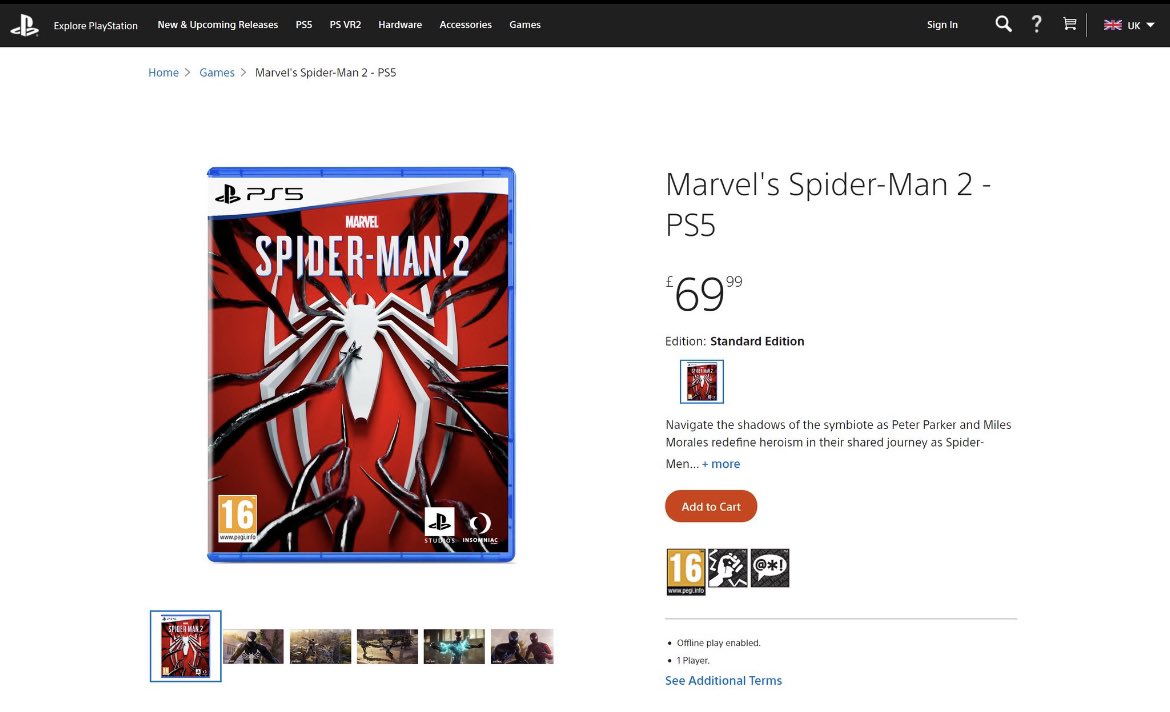 #MarvelSpiderMan2  appeared on the UK PlayStation Direct store but there’s no release date yet just the price and the rating for the game #Sony #PS5 #InsomGamesCommunity