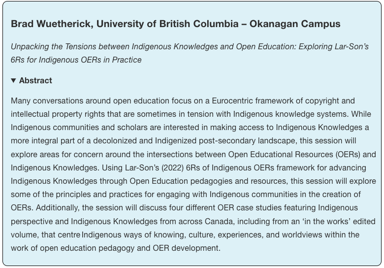 otessa_org's tweet photo. INVITED SPEAKER

TODAY!
5:30pm – 6:15pm ET [4.1 ONLINE]

Unpacking the Tensions b/w Indigenous Knowledges &amp; Open Ed: Exploring Lar-Son’s 6Rs for Indigenous OERs in Practice

Brad Wuetherick @bwuetherick 

https://t.co/mv9FHtWfjw

#OTESSA23 #congressh #OpenEd
#CSSE2023 #CSSHE2023 https://t.co/hpUXFzYTiH
