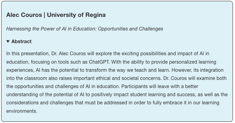 otessa_org's tweet photo. INVITED SPEAKER   

Coming up *TODAY*  
5:30pm – 6:15pm ET in Session 4.1 [ONLINE]  

Harnessing the Power of AI in Education: Opportunities and Challenges 

Alec Couros @courosa

https://t.co/mv9FHtWfjw 

#OTESSA23 #congressh #edtech #AI 
#CSSE2023 &amp; #CSSHE2023 are welcome too https://t.co/VSSXS8aibA